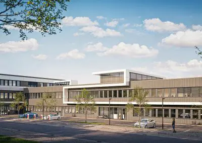 3D-Abbildung des zukünftigen Neubaus mit Blick auf das Verwaltungsgebäude, die speziellen Laborräumlichkeiten und die Parkplätze. Die Visualisierung wurde von der Firma Vollack erstellt und zeigt die Architektur des Gebäudes in einer detaillierten Ansicht.